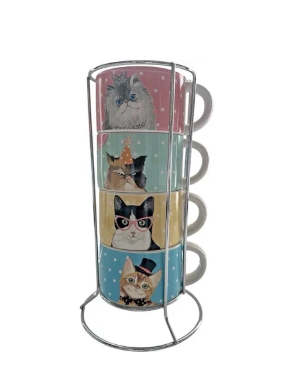 Pier 1 Stackable Cat Mug Set with Stand - Pastel Multi-Color